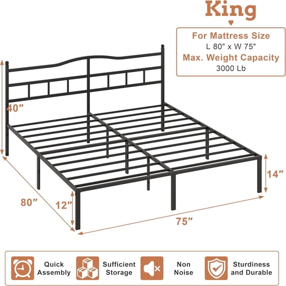 14 Inch King Bed Frame with Headboard - Heavy Duty Metal Platform Bed No Box Spring Required Noise Free Easy Assembly