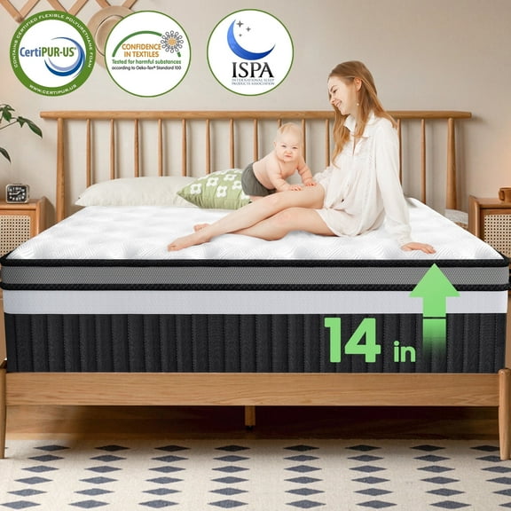 14 Inch King Mattress, Memory Foam Hybrid Innerspring Mattress in a Box, Silent Pocket Springs for Motion Isolation, Pressure Relief & Sleep Supportive, Medium Firm