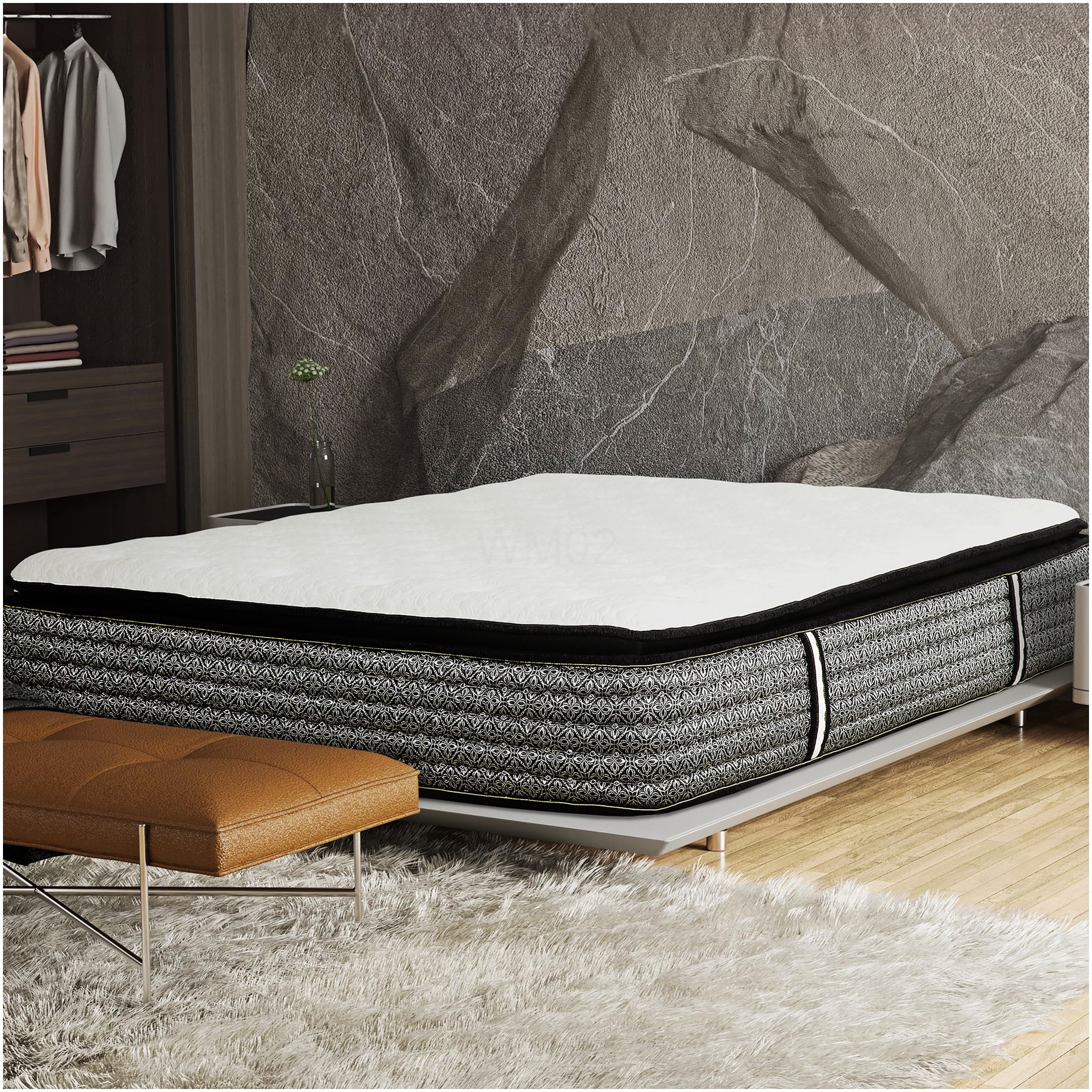 14 Inch King Size Hybrid Mattress, Plush Pillow Top with Gel Memory Foam and Pocket Coils for Cooling Support, Motion Isolation, Edge Support, Grey-White