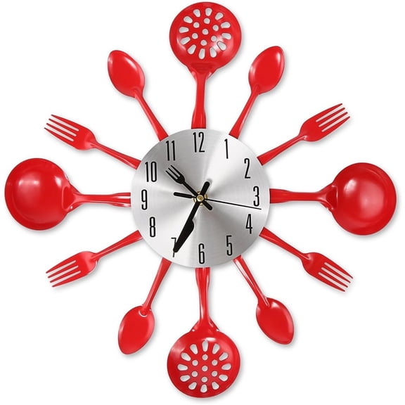 14 Inch Kitchen Wall Clock, Creative Fork And Spoon Design, Silent Non-Ticking Quartz Decorative Clock For Kitchen, Dining Room, Restaurant & Cafe, Stainless Steel Accents (Battery Not Included)