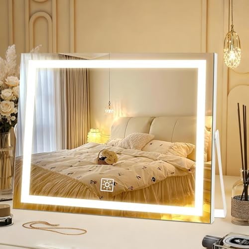 14 Inch LED Vanity Makeup Mirror with Lights, Large Metal Frame Lighted Tabletop Mirror with 3 Color Dimmable Touch Control, 360 Rotation for Bathroom Bedroom