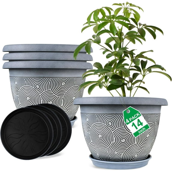 14 Inch Large Planter Pot For Plants Indoor Outdoor 4 Pack Plastic Flower Pots With Drainage Hole Tray Modern Decorative Garden Pot With Saucer Plant Container For House
