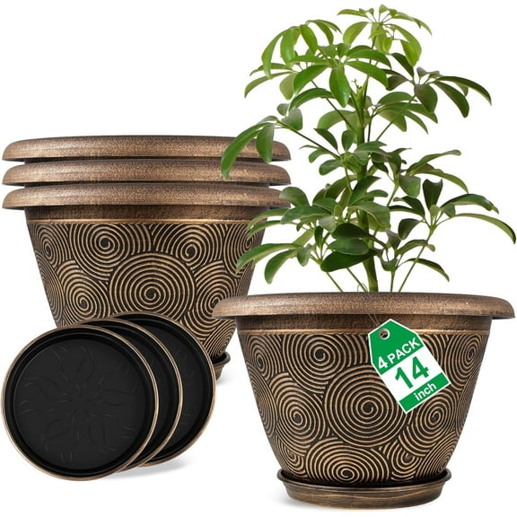14 Inch Large Planter Pot for Plants Indoor Outdoor, 4 Pack Plastic Flower Pots with Drainage Hole & Tray, Modern Decorative Garden Pot with Saucer, Plant Container for House