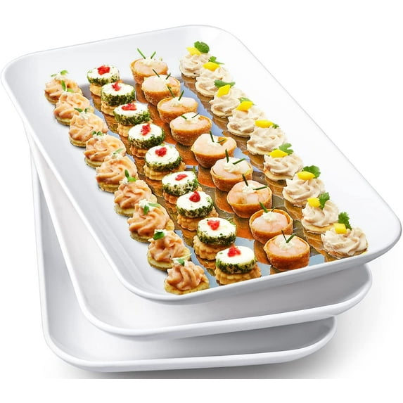 14 Inch Large Serving Platter Set of 3, White Porcelain Serving Trays for Entertaining, Rectangular Platters for Turkey Meat Appetizer Party, Oven Microwave Dishwasher Safe Dinnerware