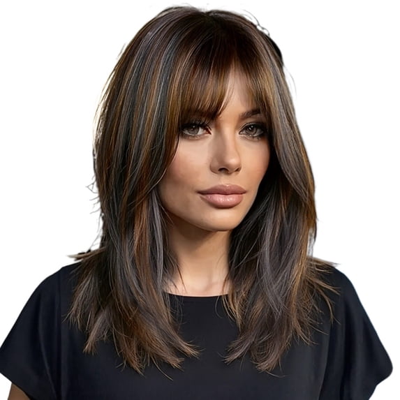 14-Inch Layered Straight Synthetic Hair Wig with Bangs for Daily Wear ...