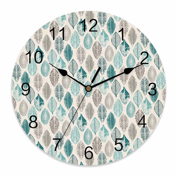 14 Inch Leaves Specimens Wall Clock, Teal Green Grey Burlap Background Battery Operated Silent Non Ticking Clocks, Easy to Read Round Wall Clock for Kitchen/Living Room/Bedroom/Bathroom