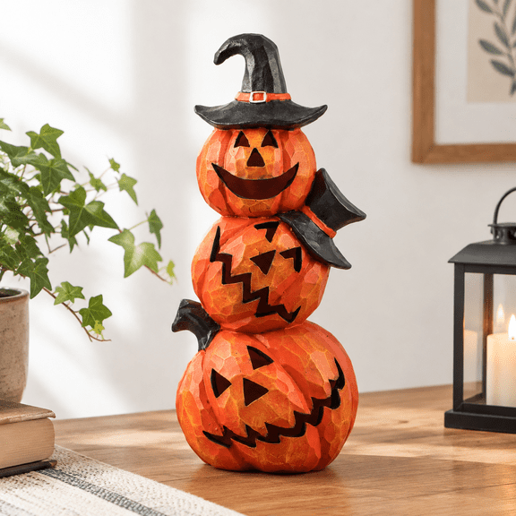 14 Inch Light Up Evil Pumpkin 3-layer Jack O' Stack Decoration, Hat Orange