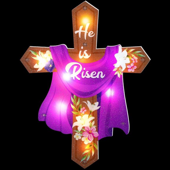 14 Inch Lighted Cross Easter Window Decor He is Risen Cross Sign Decorations Religious Plastic Hanging Decor for Window Easter Christian Decoration