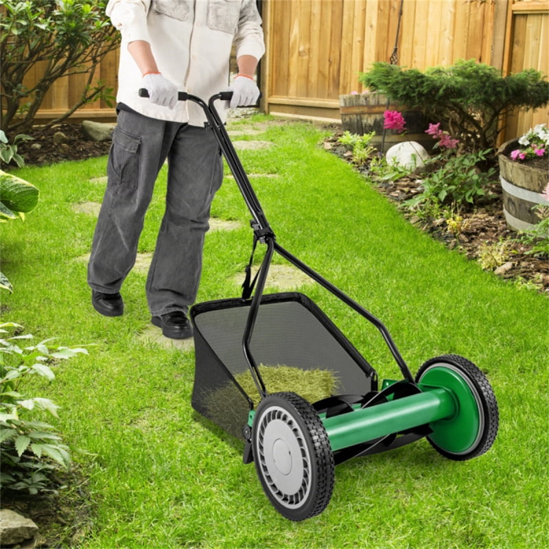 14 Inch Manual Push Reel Lawn Mower with 7 Gallon Grass Catcher Bag 4 Level Adjustable Height Green Black