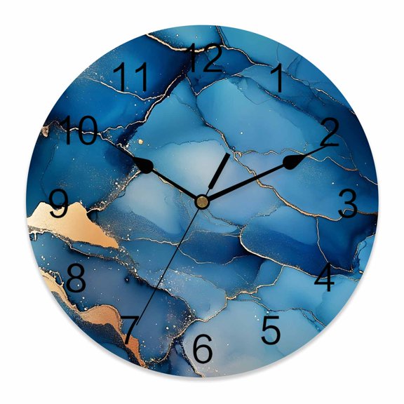 14 Inch Marble Abstract Wall Clock, Cracks Texture Modern Art Dark Blue Golden Battery Operated Silent Non Ticking Clocks, Easy to Read Round Wall Clock for Kitchen/Living Room/Bedroom/Bathroom