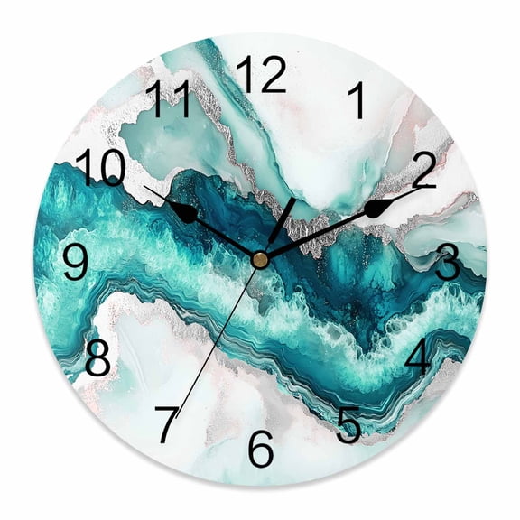 14 Inch Marble Turquoise Wall Clock, Modern Abstract Luxury Silver Texture Battery Operated Silent Non Ticking Clocks, Easy to Read Round Wall Clock for Kitchen/Living Room/Bedroom/Bathroom