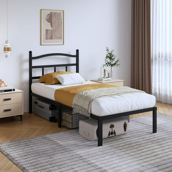 14 Inch Metal Bed Frame - Twin Size Heavy Duty Bedframe with Headboard Black Basic Steel Slats Platform No Box Spring Needed/Easy Assembly/Noise Free