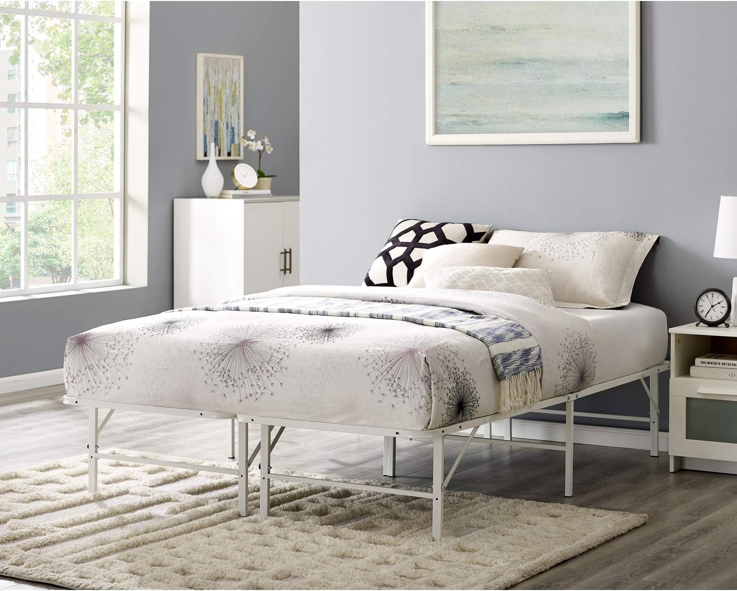 White Queen Upholstered Metal Platform Bed Frame with Slats
