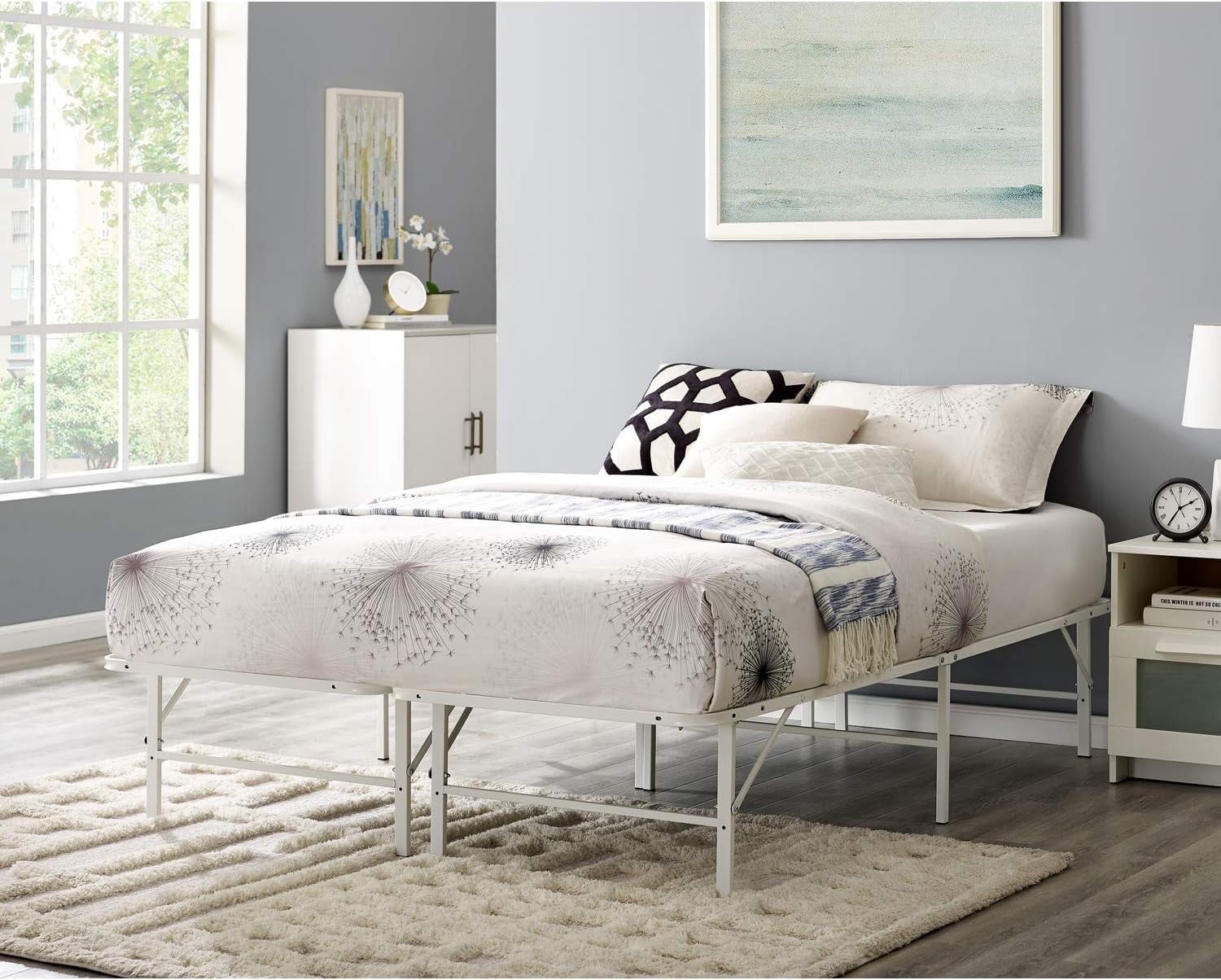 White Queen Upholstered Metal Platform Bed Frame with Slats