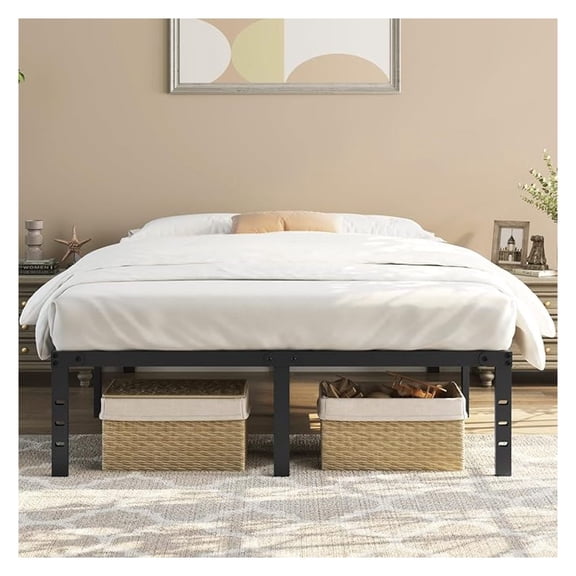 14 Inch Metal Platform Queen Size Bed Frame with Sturdy Slat Support& Holes for DIY Headboard/Easy Assembly/Storage Space/No Box Spring Needed, Black