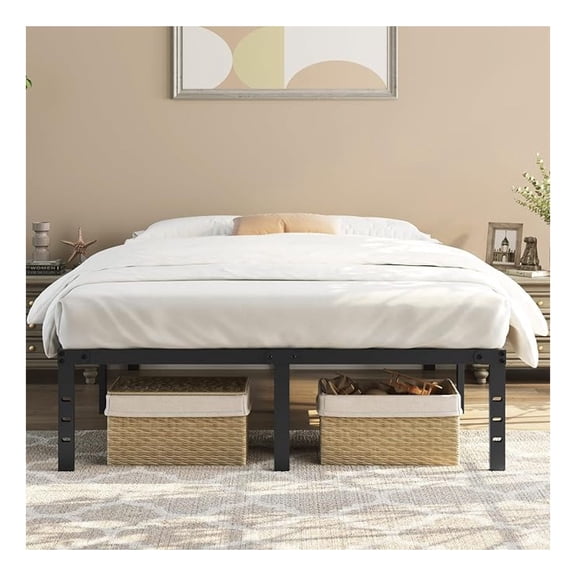 14 Inch Metal Platform Queen Size Bed Frame with Sturdy Slat Support& Holes for DIY Headboard/Easy Assembly/Storage Space/No Box Spring Needed, Black