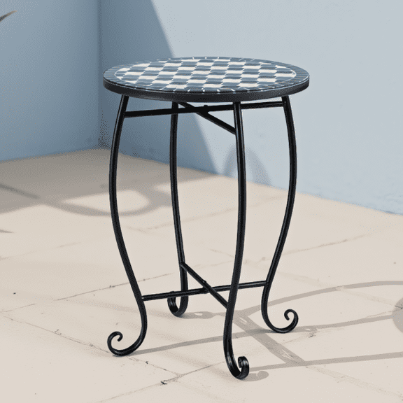 14-Inch Metal Side Table with X-Base, Indoor Outdoor Plant Stand and End Table, Blue and Black