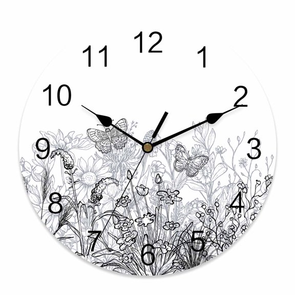 14 Inch Minimalism Flower Wall Clock, Line Drawing Simple Plants Black Grey Battery Operated Silent Non Ticking Clocks, Easy to Read Round Wall Clock for Kitchen/Living Room/Bedroom/Bathroom