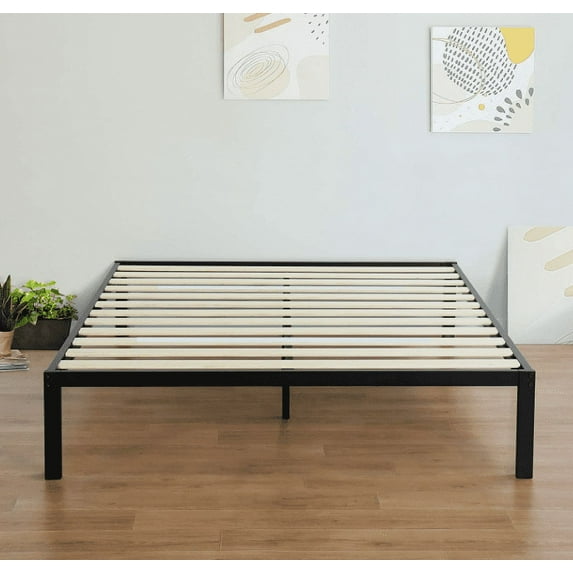 14 Inch Modern Metal Platform Bed Frame / Mattress Foundation / Wood Slat Support / No Box Spring Needed, Queen, Black