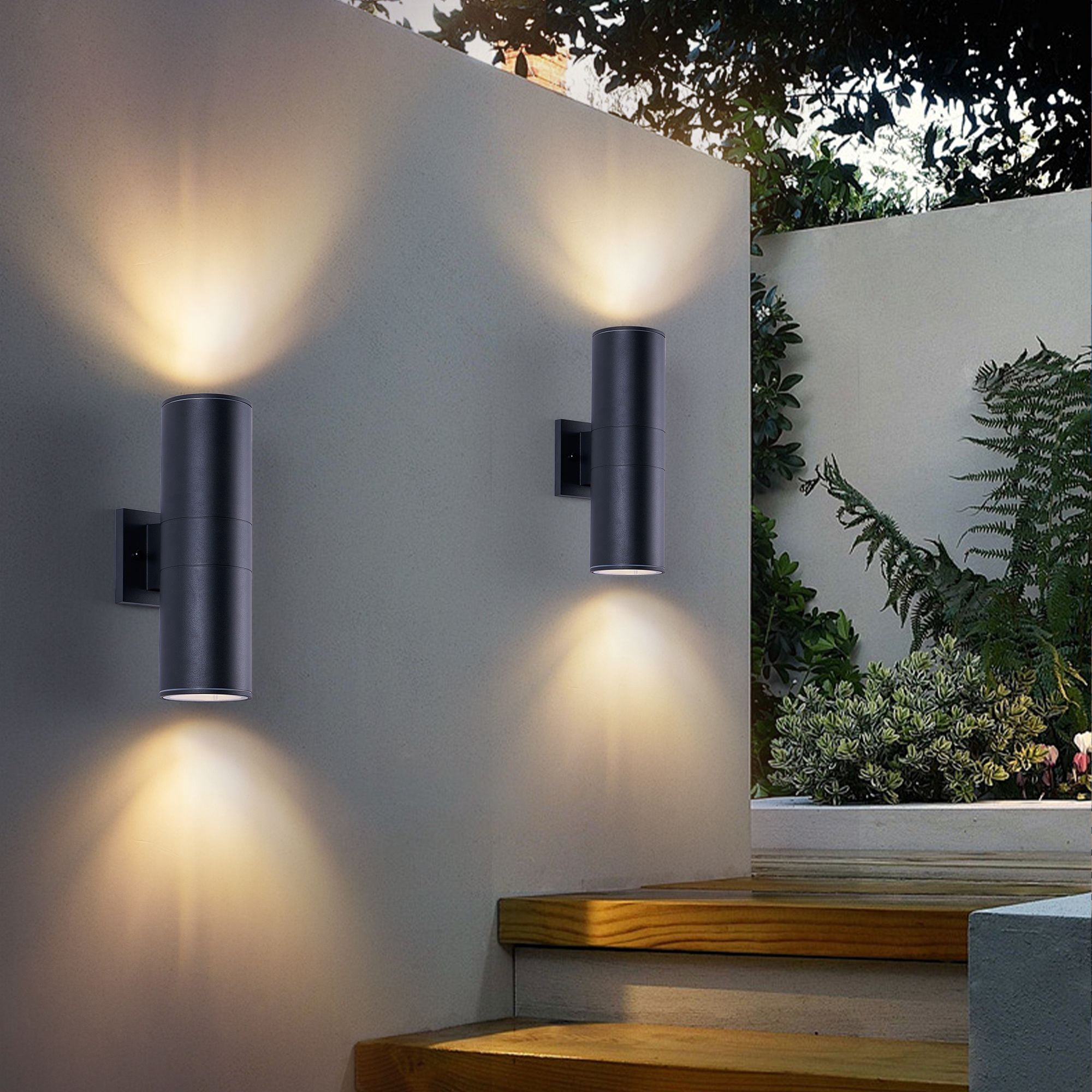 14 Inch Modern Outdoor Wall Sconce, 2-Light IP65 Waterproof Exterior Light, Rust-Resistant Aluminum Cylinder with Tempered Glass, Matte Black, 2-Pack, Bulbs Not Included