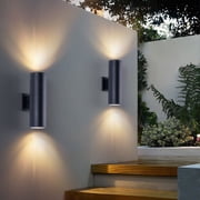 14 Inch Modern Outdoor Wall Sconce, 2-Light IP65 Waterproof Exterior Light, Rust-Resistant Aluminum Cylinder with Tempered Glass, Matte Black, 2-Pack, Bulbs Not Included