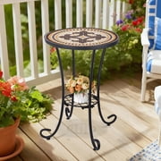 14 Inch Moroccan Mosaic Ceramic Side Table Earth Tone Geometric Tile Table Top with Iron Base Vintage Style Accent Table for Living Room, Bedroom, Entryway