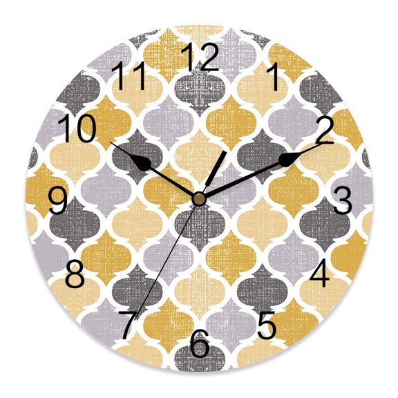 14 Inch Moroccan Wall Clock, Yellow Gray Geometric Retro Battery Operated Silent Non Ticking Clocks, Easy to Read Round Wall Clock for Kitchen/Living Room/Bedroom/Bathroom
