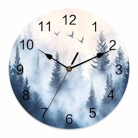 14 Inch Mountain Peak Forest Wall Clock, Silhouette Tree Bird Battery Operated Silent Non Ticking Clocks, Easy to Read Round Wall Clock for Kitchen/Living Room/Bedroom/Bathroom