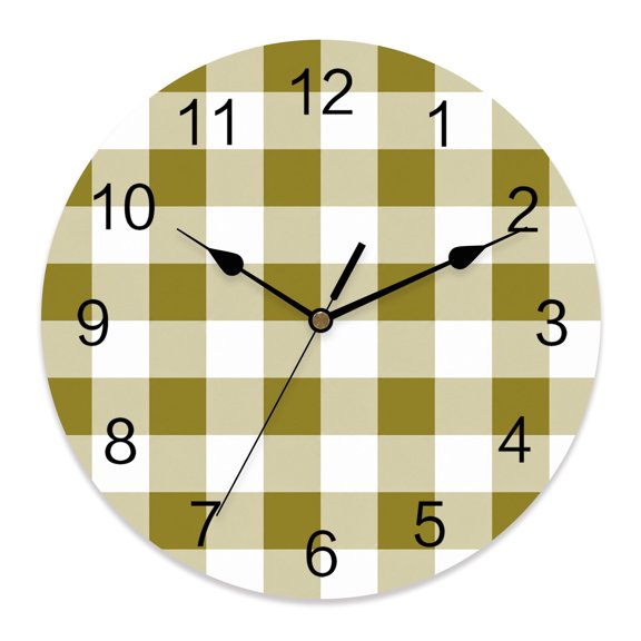 14 Inch Mustard Yellow Buffalo Plaid Wall Clock, Modern Checked Blocks Pattern Battery Operated Silent Non Ticking Clocks, Easy to Read Round Wall Clock for Kitchen/Living Room/Bedroom/Bathroom
