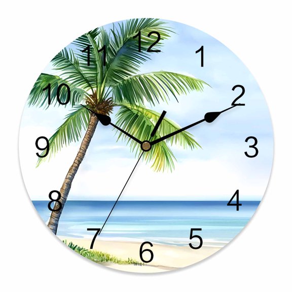 14 Inch Ocean Beach Palm Tree Wall Clock, Summer Tropical Island Decor Seaside Battery Operated Silent Non Ticking Clocks, Easy to Read Round Wall Clock for Kitchen/Living Room/Bedroom/Bathroom