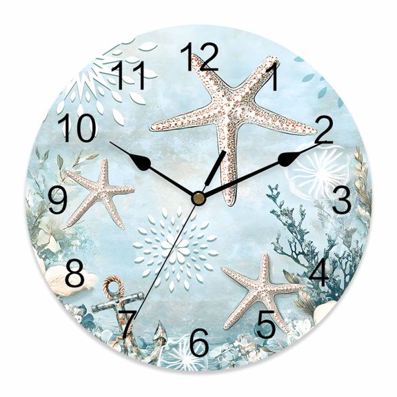 14 Inch Ocean Starfish Anchor Wall Clock, Retro Coral Flower Blue Theme Battery Operated Silent Non Ticking Clocks, Easy to Read Round Wall Clock for Kitchen/Living Room/Bedroom/Bathroom