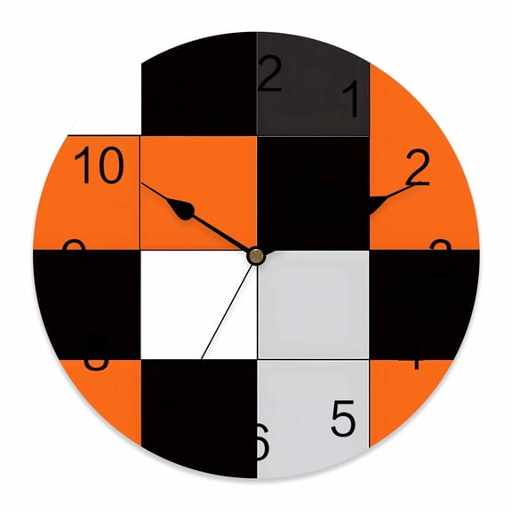 14 Inch Orange Black Patchwork Wall Clock, Abstract Geometric Art Battery Operated Silent Non Ticking Clocks, Easy to Read Round Wall Clock for Kitchen/Living Room/Bedroom/Bathroom