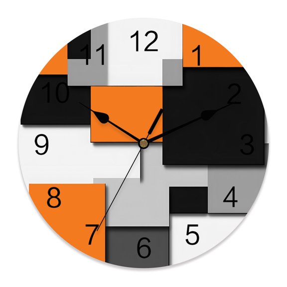 14 Inch Orange Black Patchwork Wall Clock, Abstract Retro Art Battery Operated Silent Non Ticking Clocks, Easy to Read Round Wall Clock for Kitchen/Living Room/Bedroom/Bathroom