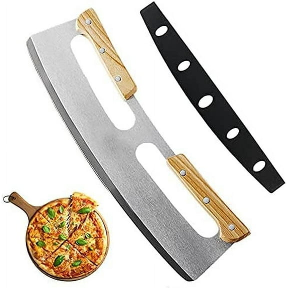 14 Inch Pizza Cutter, Mezzaluna Chopper, Mezzaluna Salad Chopper, Pizza Cutter Rocker Knife With Wooden Handle, Large Pizza Knife Tool…