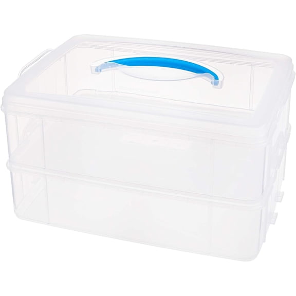 14-Inch Plastic Storage Box with Stackable Trays and Portable Handle