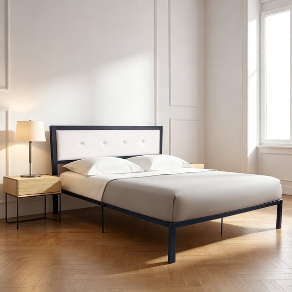14 Inch Platform Modern Metal Bed Frame with Steel Slat and Headboard, Mattress Foundation, No Box Spring Needed, Queen