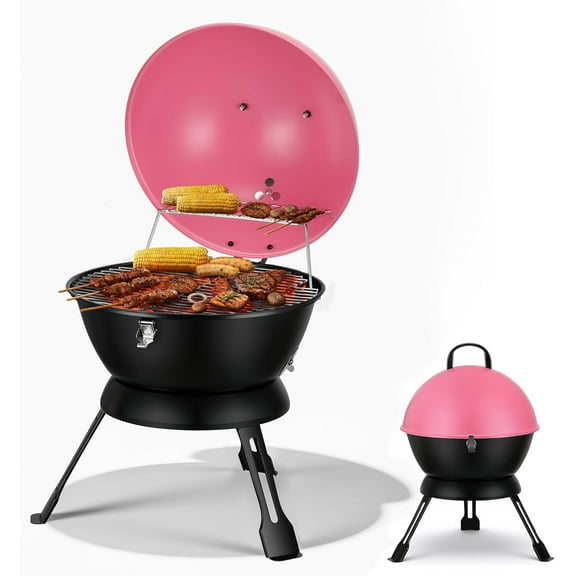 14-Inch Portable Barbecue Grill,Outdoor Small Grill with Dual Venting System and Warming Rack for Picnic, Camping, Backyard,Pink