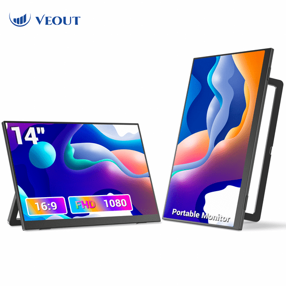 14 Inch Portable Monitor | Ultra-Slim| FHD 19201080P, Built-in Kickstand & Speakers | USB-C/HDMI Travel Monitor for Laptop, PC, Phone & Mac