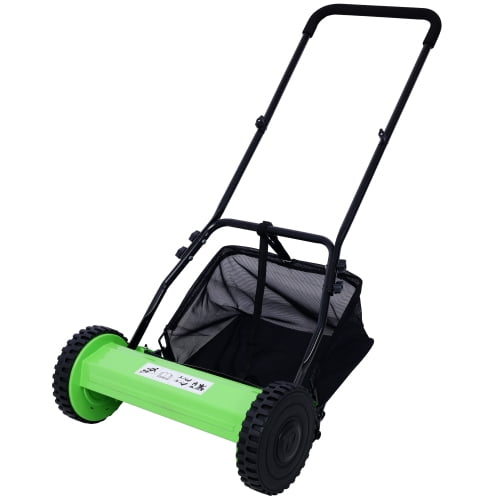 14-Inch Push Reel Lawn Mower, 5-Blade with Grass Catcher, Adjustable Height, Manual, Green