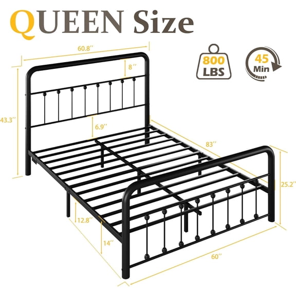 14 Inch Queen Bed Frame Classic Metal Platform Bed Frame with Charging Station & LED, Victorian Style Iron-Art Headboard/Footboard, Under Bed Storage, No Box Spring Needed, Noise Free
