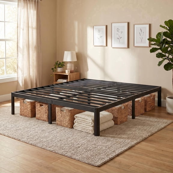 Homzene 14"Queen Bed Frame, No Box Spring Needed, Metal Platform Bed Frame, Black