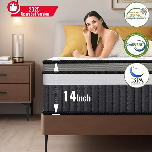 14 Inch Queen Mattress in a Box, Hybrid Memory Foam & Pocket Spring Mattress, Breathable Fabric, Motion Isolation, Medium Firm with Zoned Pressure Relief, Edge Support