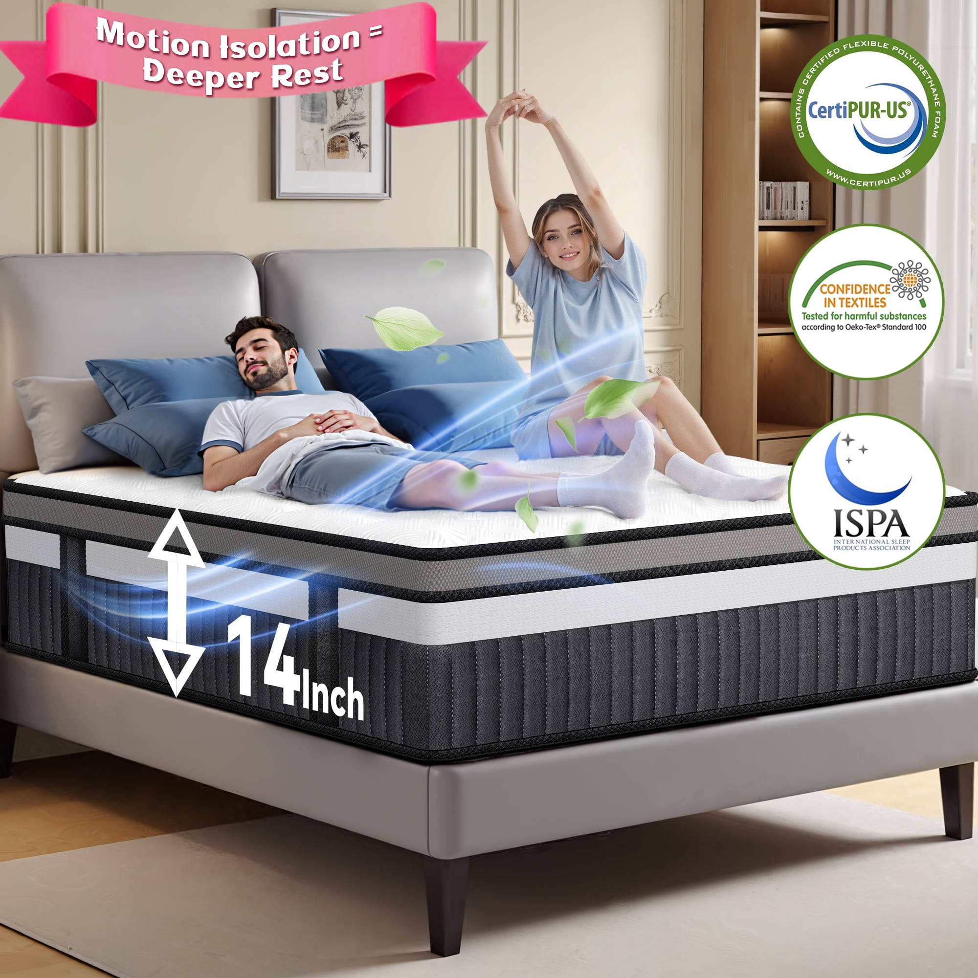 14 Inch Queen Size Mattress, Hybrid Mattress with Memory Foam & Pocket Springs for Motion Isolation, Medium Firm Bed-in-a-Box, Motion Isolation, Cooling & Breathable