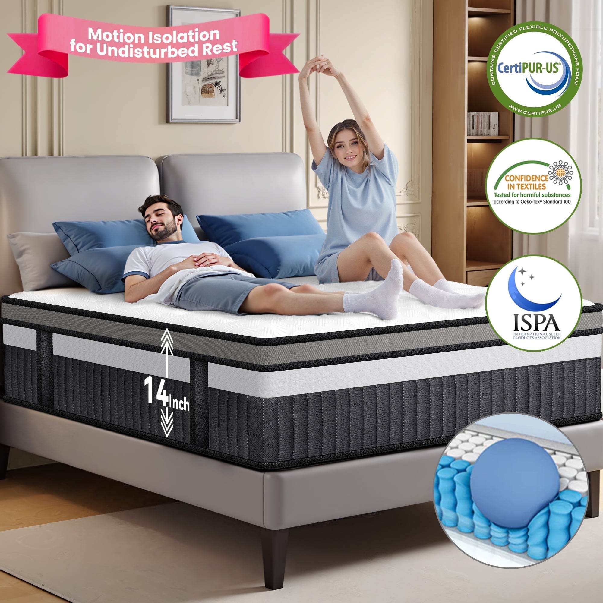 14 Inch Queen Size Mattress, Hybrid Mattress with Memory Foam & Pocket ...