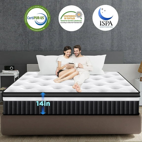 14 Inch Queen Size Mattress, Pressure Relief Hybrid Mattress w/Thicker Gel Memory Foam & Pocket Coils for Motion Isolation, 3D Breathable Cover for Reducing Odors, Medium Firm, CertiPUR-US Certified