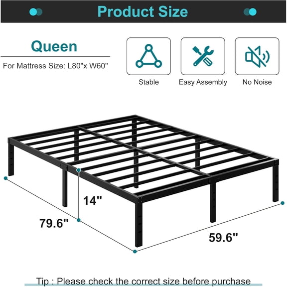 14 Inch Queen Size Metal Bed Frame,Black|Heavy Duty,3000 lbs Max Support|Quick Setup|No Box Spring Required,Noise Free,Durable Platform Base