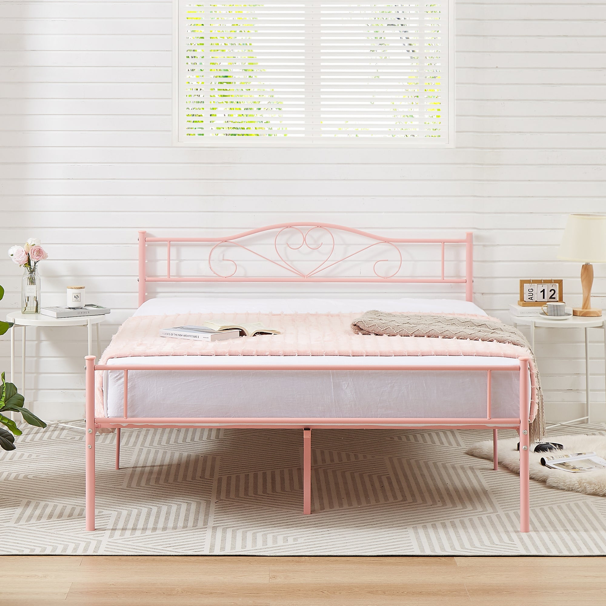 14 Inch Queen Size Metal Platform Bed Frame with Headboard and Footboard, Heavy Duty Mattress Foundation with Steel Slats Support, No Box Spring Needed, Pink