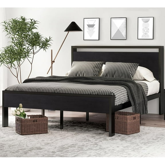 14 Inch Queen Size Metal Platform Bed Frame with Wooden Headboard and Footboard, Mattress Foundation, No Box Spring Needed, Large Under Bed Storage, Non-Slip Without Noise, Black Oak