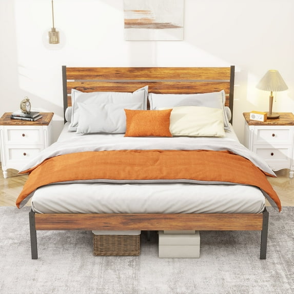 14 Inch Queen Size Metal Platform Bed Frame with Wooden Headboard and Footboard, Mattress Foundation, No Box Spring Needed, Large Under Bed Storage, Non-Slip Without Noise, Brown