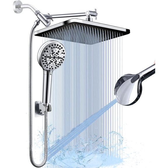 14 Inch Rainfall Shower Head with Handheld Sprayer Combo, High Pressure 10 Spray Settings Dual Shower Head System, Anti-Clog Nozzles Easy Install for Low Water Pressure Bathroom